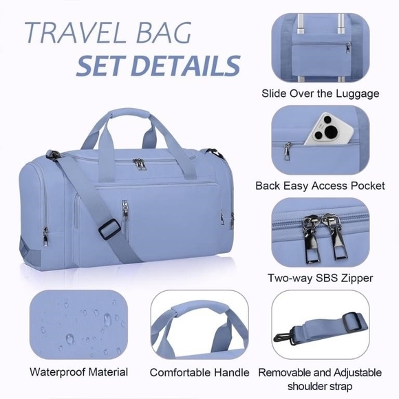 New 40L Carry On Travel Duffel Bag w Shoe Compartment & Luggage Sleeve - Blue - Picture 4 of 16